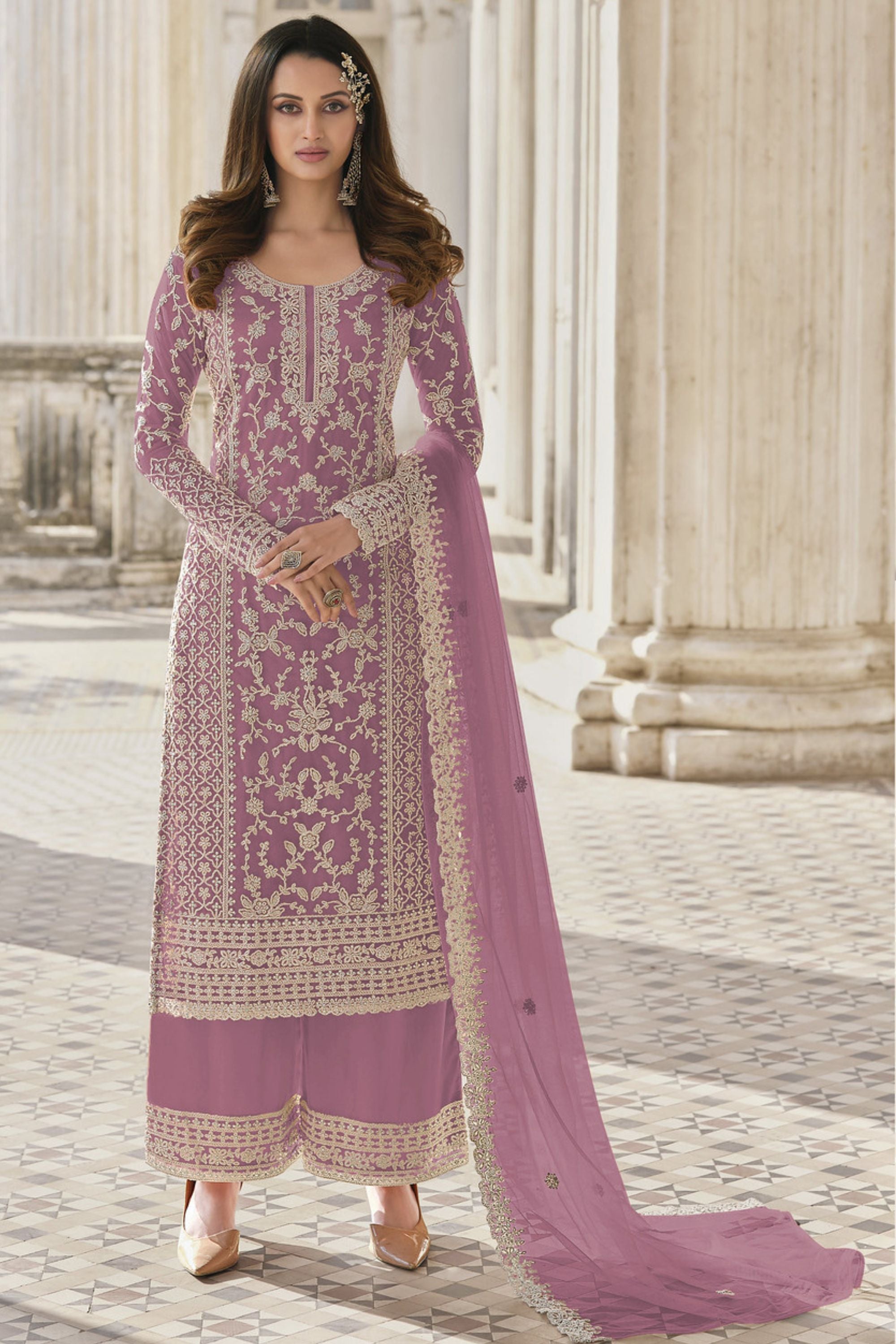 Light Purple Net & Cording Work Salwar Kameez Plazzo Suit For Indian Wedding & Festival - Embroidery Work, Cording Work