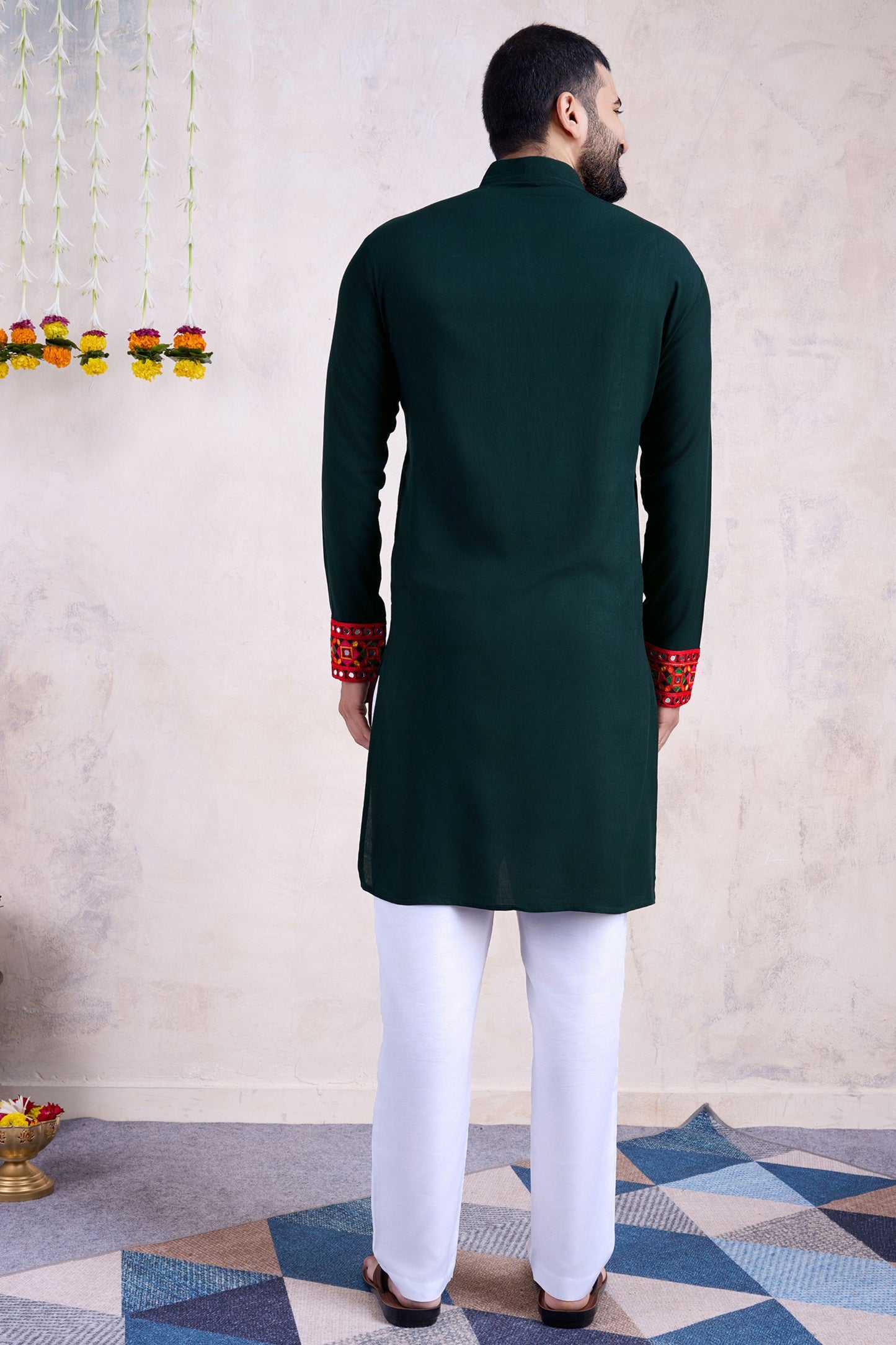 Green Rayon Kurta Pyjama for Men For Navratri Garba Festivals - Embroidery Work, Real Mirror Work