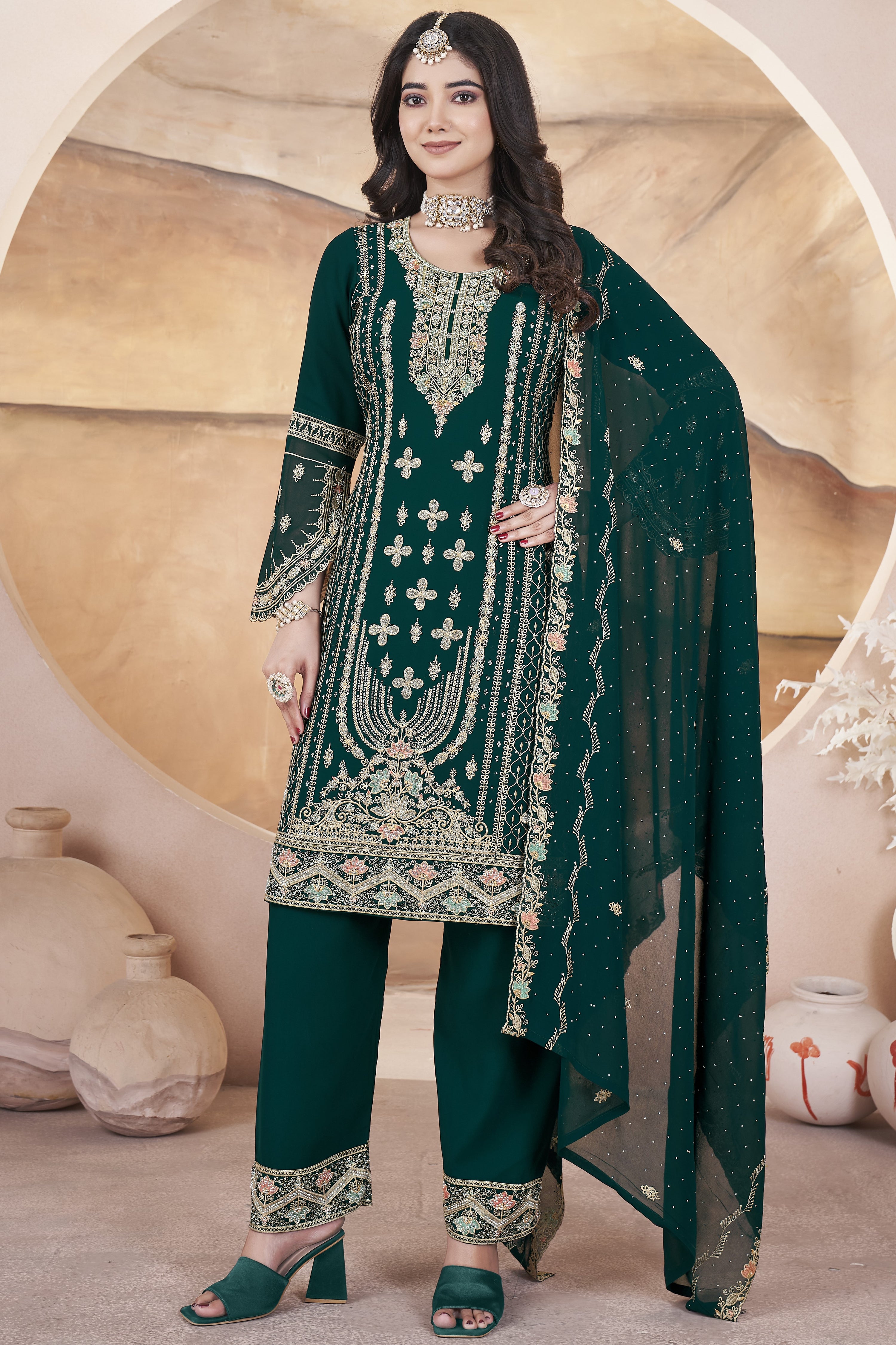 Dark Green Georgette Kameez with Pant For Indian Festivals & Weddings - Embroidery Work, Swarovski Work