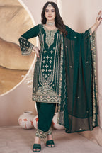 Dark Green Georgette Kameez with Pant For Indian Festivals & Weddings - Embroidery Work, Swarovski Work