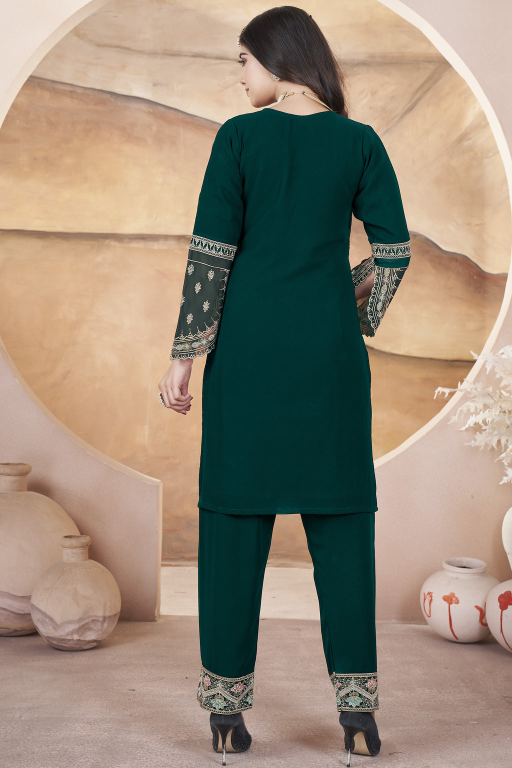 Dark Green Georgette Kameez with Pant For Indian Festivals & Weddings - Embroidery Work, Swarovski Work
