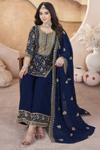 Navy Blue Georgette Plazo Suit For Indian Weddings & Pakistani Festival - Sequence Embroidery Work