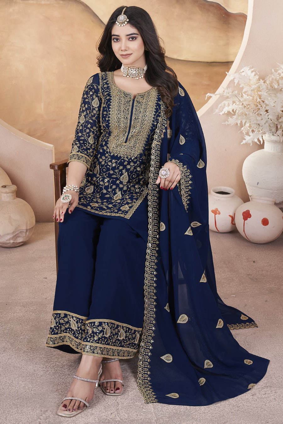 Navy Blue Georgette Plazo Suit For Indian Weddings & Pakistani Festival - Sequence Embroidery Work