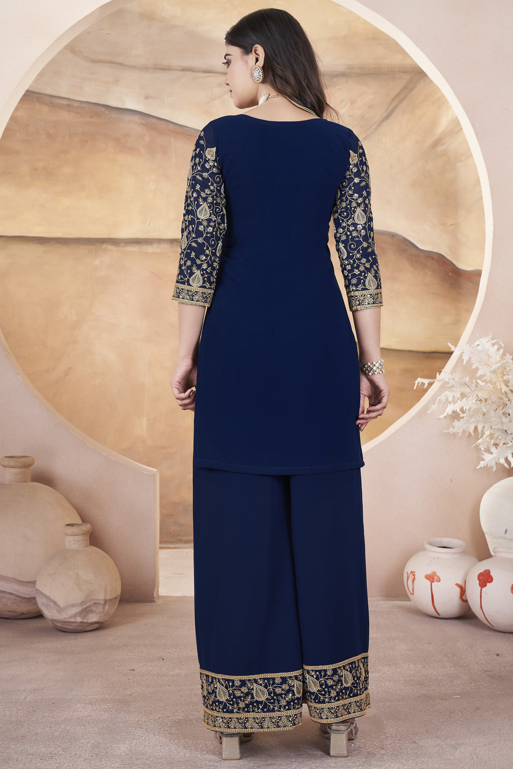 Navy Blue Georgette Plazo Suit For Indian Weddings & Pakistani Festival - Sequence Embroidery Work