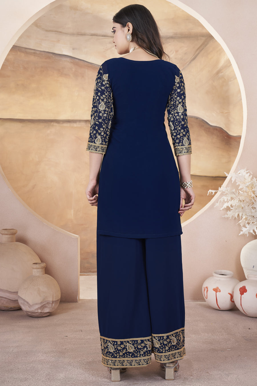 Navy Blue Georgette Plazo Suit For Indian Weddings & Pakistani Festival - Sequence Embroidery Work