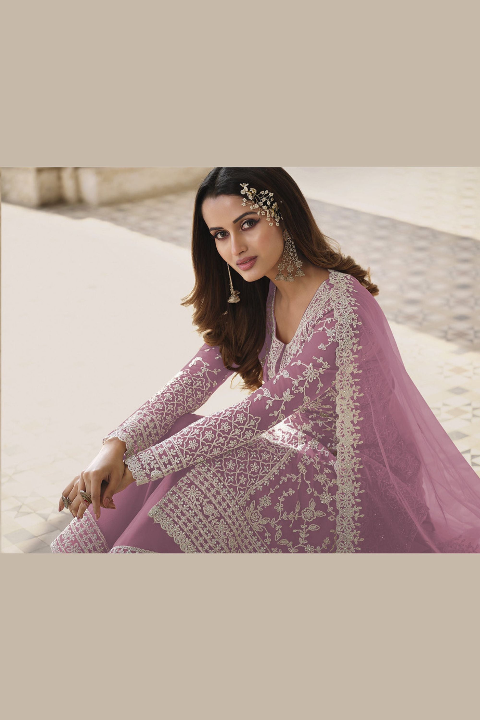 Light Purple Net & Cording Work Salwar Kameez Plazzo Suit For Indian Wedding & Festival - Embroidery Work, Cording Work