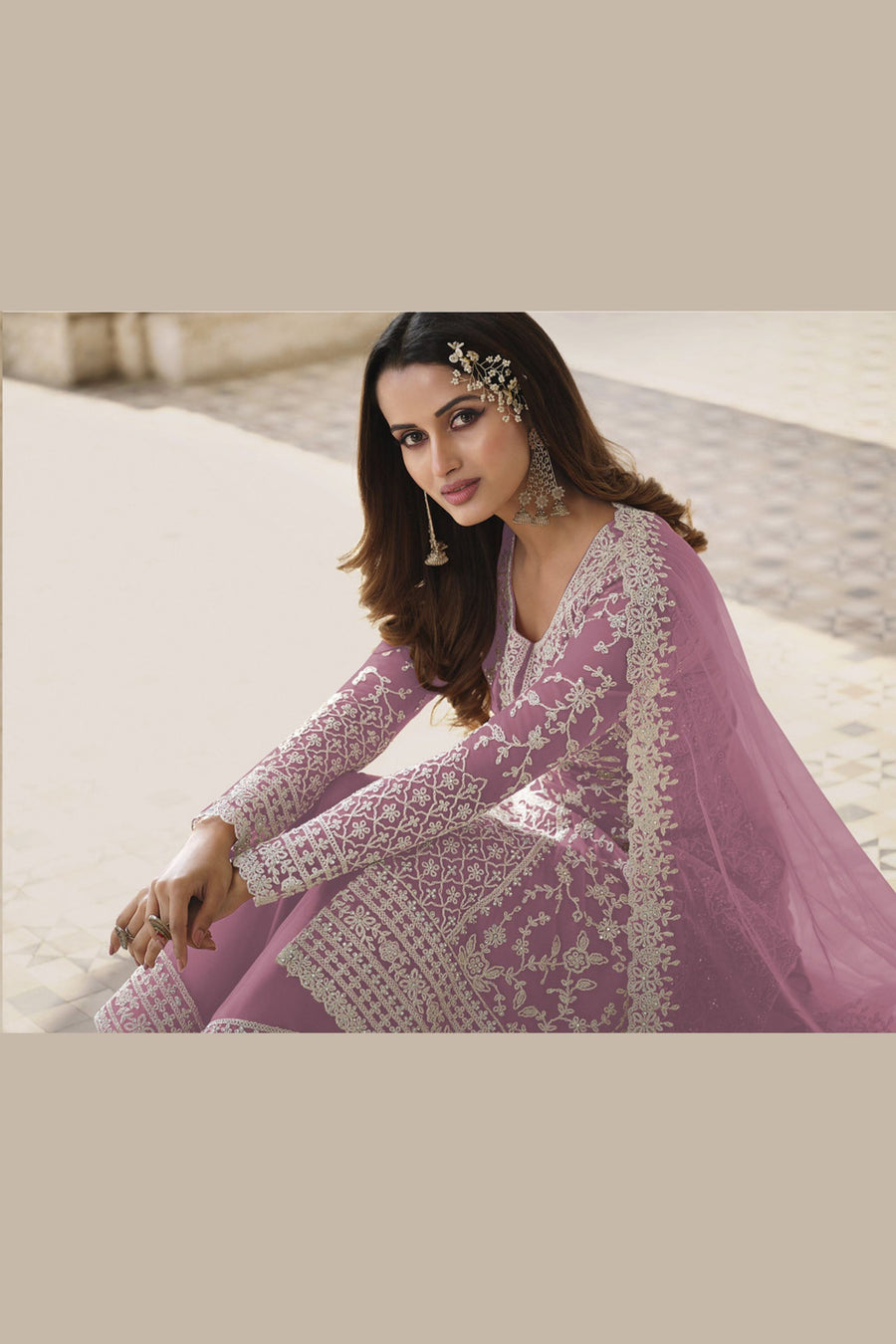 Light Purple Net & Cording Work Salwar Kameez Plazzo Suit For Indian Wedding & Festival - Embroidery Work, Cording Work