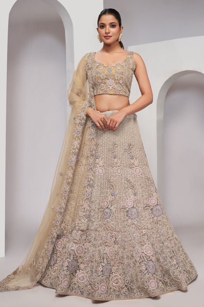 Beige Soft Net Lehenga Choli For Indian Festivals & Weddings - Sequins Work, Dori Work, Zarkan Work