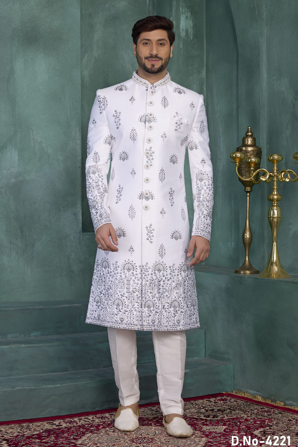 White Art Silk Thread Work Sherwani Indian Kurta for Men & Pajama