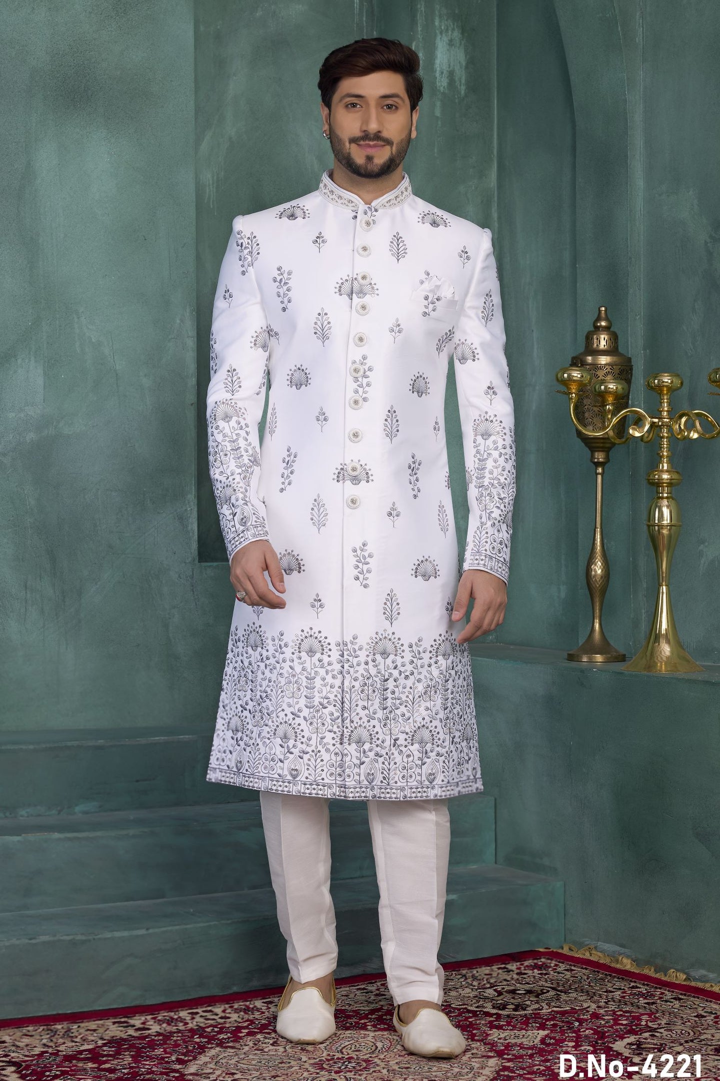 White Art Silk Thread Work Sherwani Indian Kurta for Men & Pajama