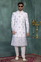 White Art Silk Thread Work Sherwani Indian Kurta for Men & Pajama