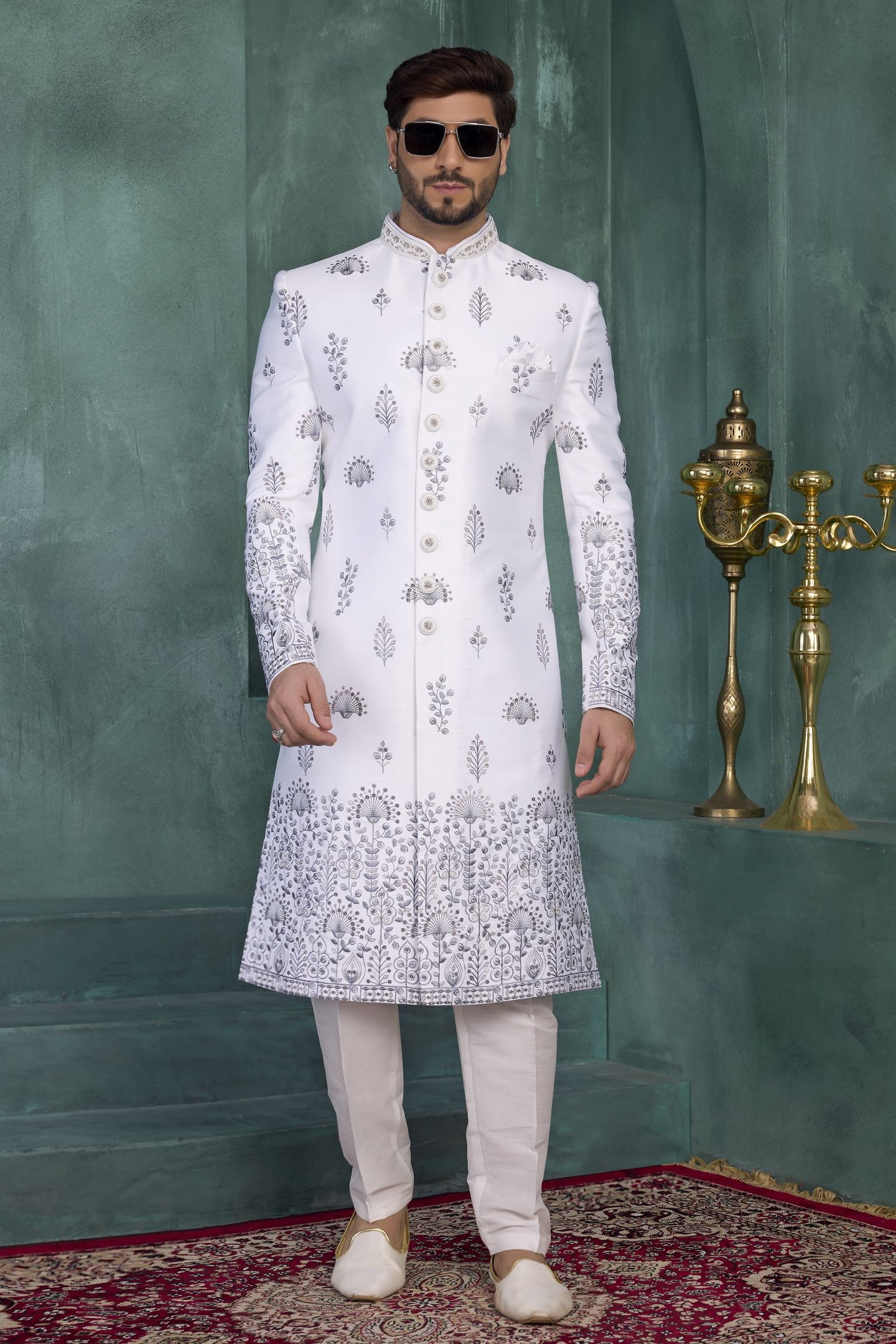 White Art Silk Thread Work Sherwani Indian Kurta for Men & Pajama