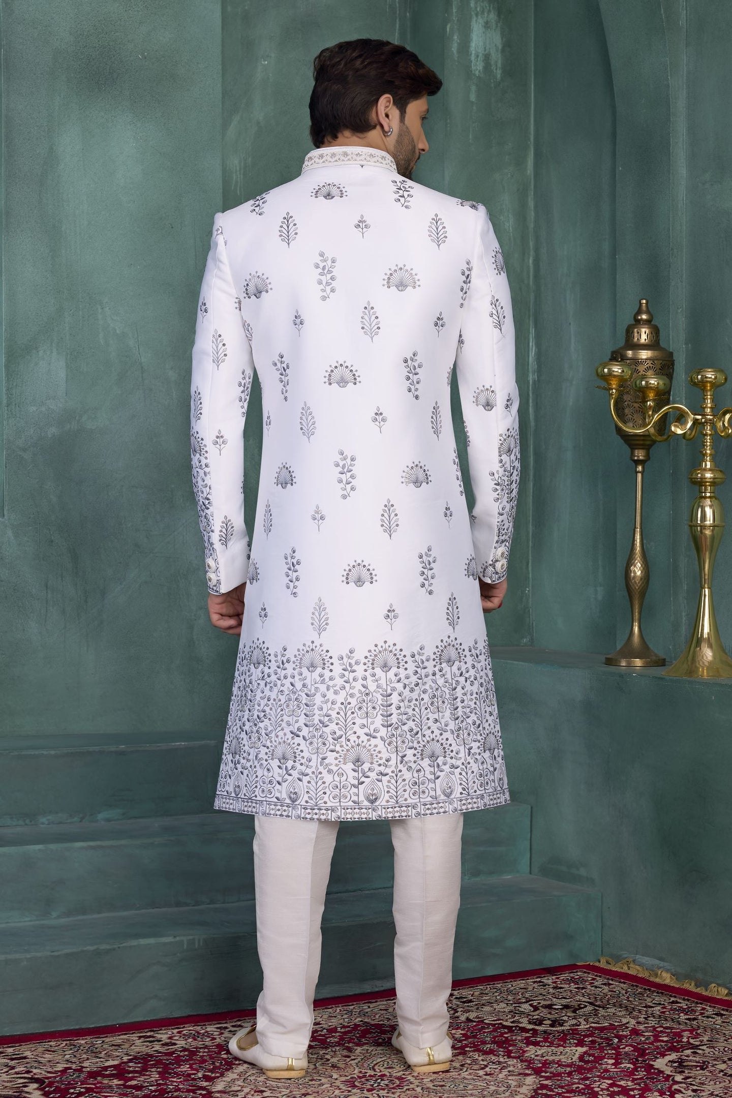 White Art Silk Thread Work Sherwani Indian Kurta for Men & Pajama