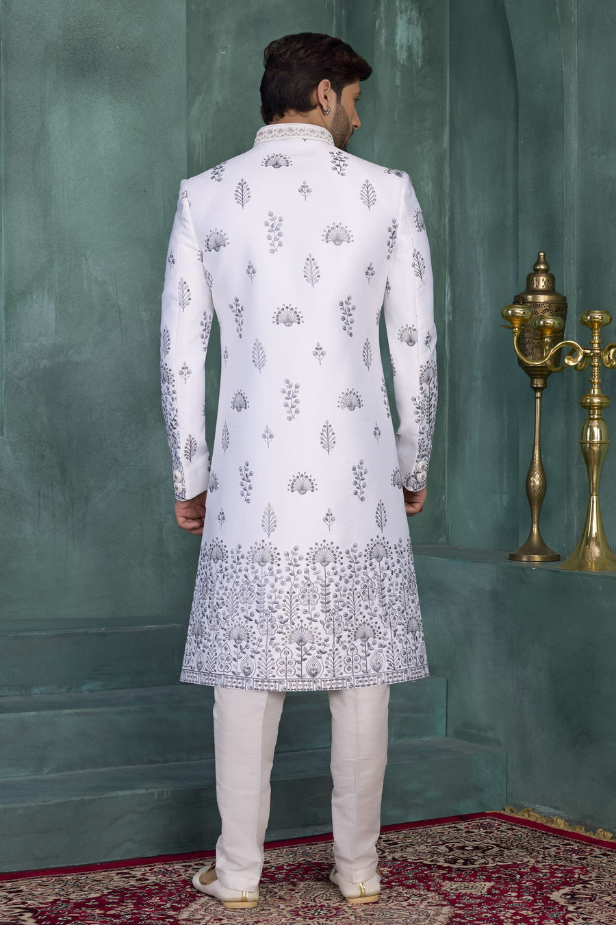 White Art Silk Thread Work Sherwani Indian Kurta for Men & Pajama