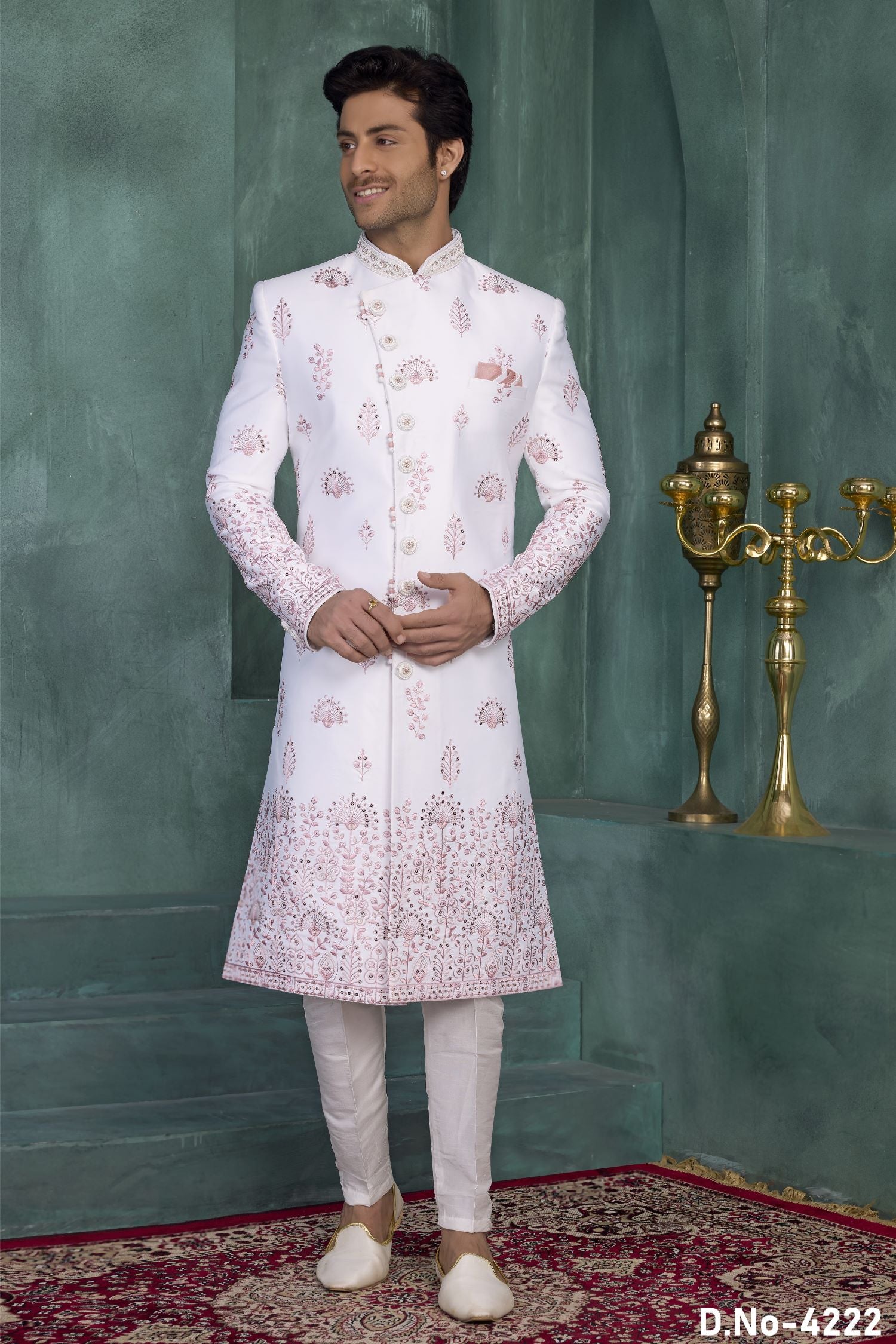 White Art Silk Thread Embroidery Sherwani Kurta Mens Wear & Pajama