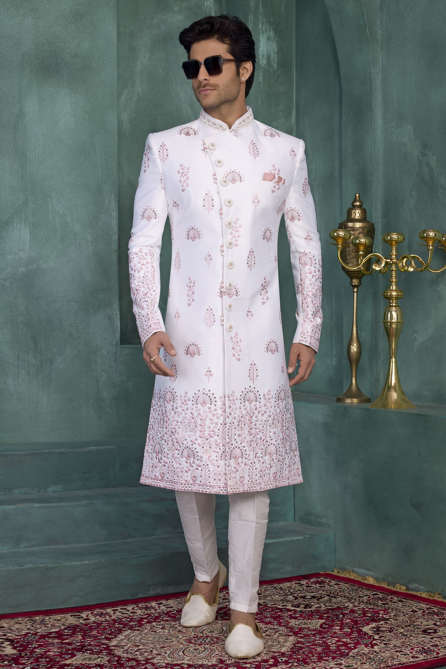 White Art Silk Thread Embroidery Sherwani Kurta Mens Wear & Pajama