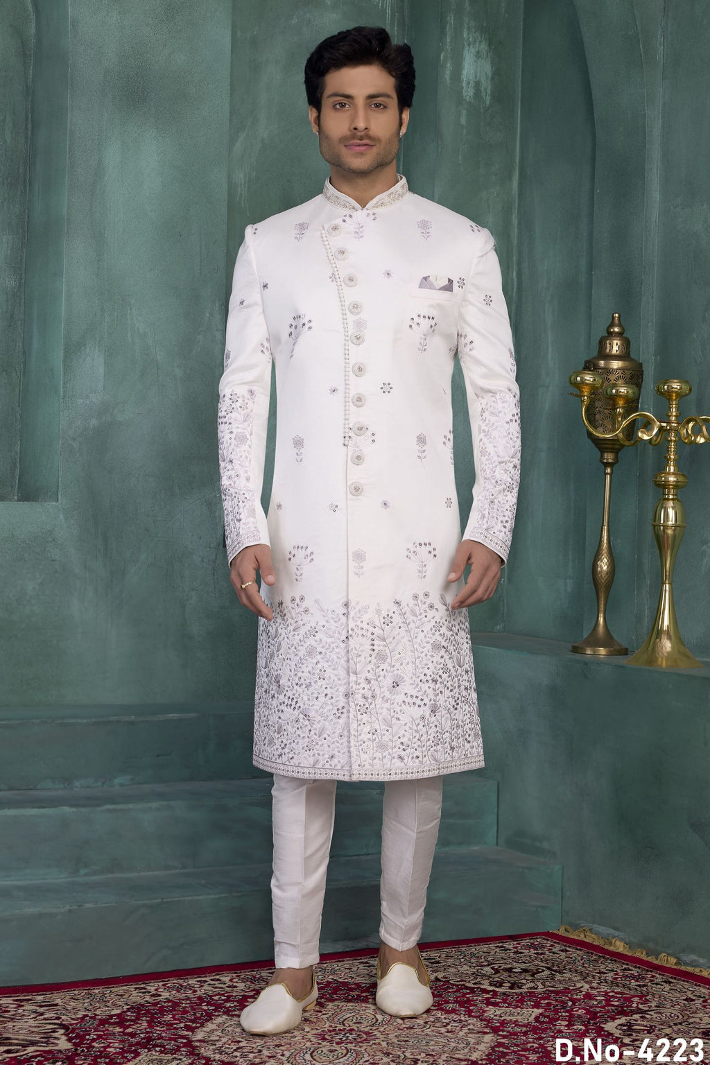 White Art Silk Thread Embroidery Sherwani Mens Kurta for Wedding & Pajama