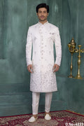 White Art Silk Thread Embroidery Sherwani Mens Kurta for Wedding & Pajama