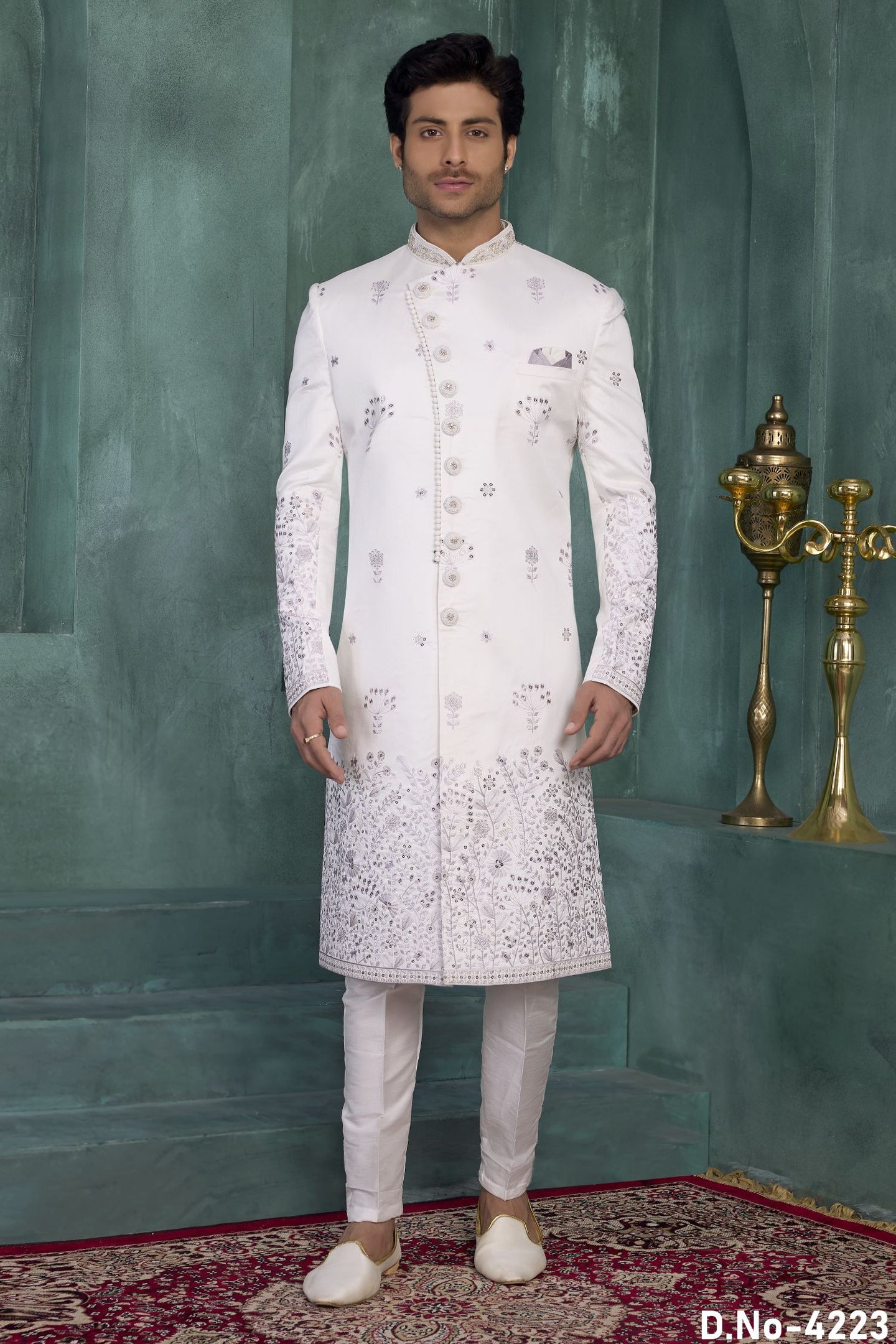 White Art Silk Thread Embroidery Sherwani Mens Kurta for Wedding & Pajama