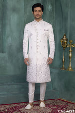 White Mens Kurta for Wedding & Pajama - Art Silk Thread Work Sherwani