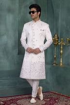 White Art Silk Thread Embroidery Sherwani Mens Kurta for Wedding & Pajama