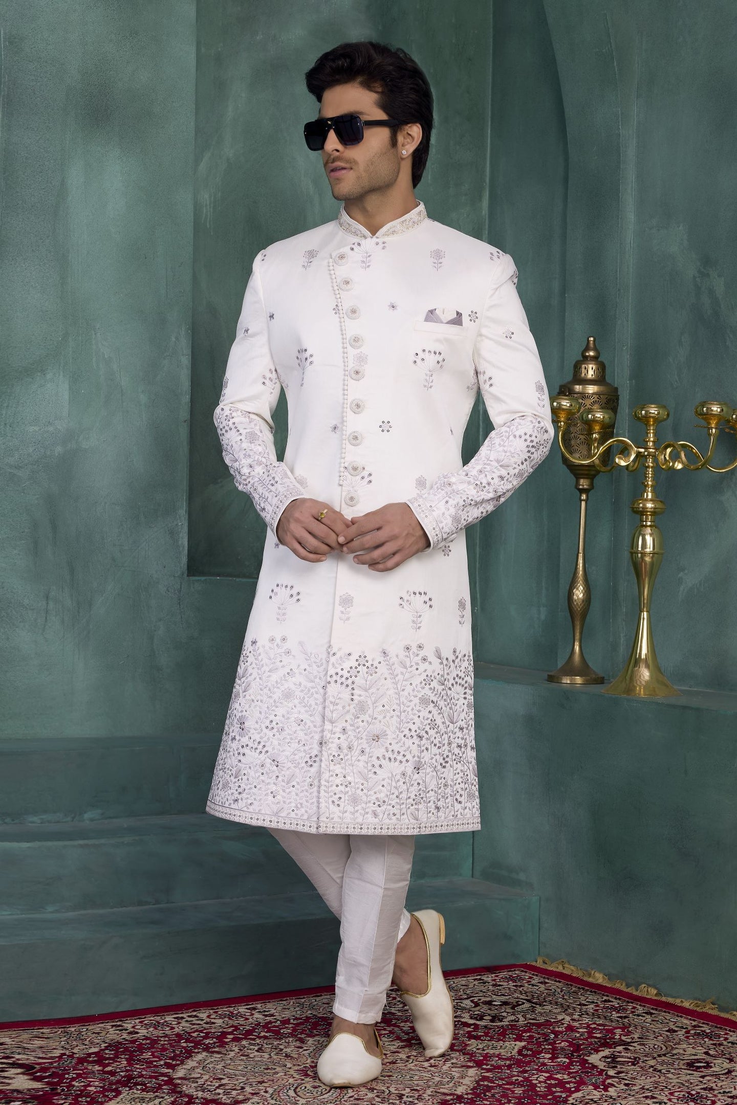 White Art Silk Thread Embroidery Sherwani Mens Kurta for Wedding & Pajama