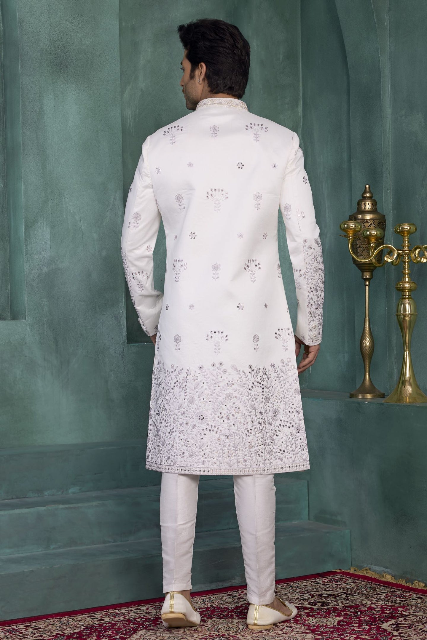 White Art Silk Thread Embroidery Sherwani Mens Kurta for Wedding & Pajama
