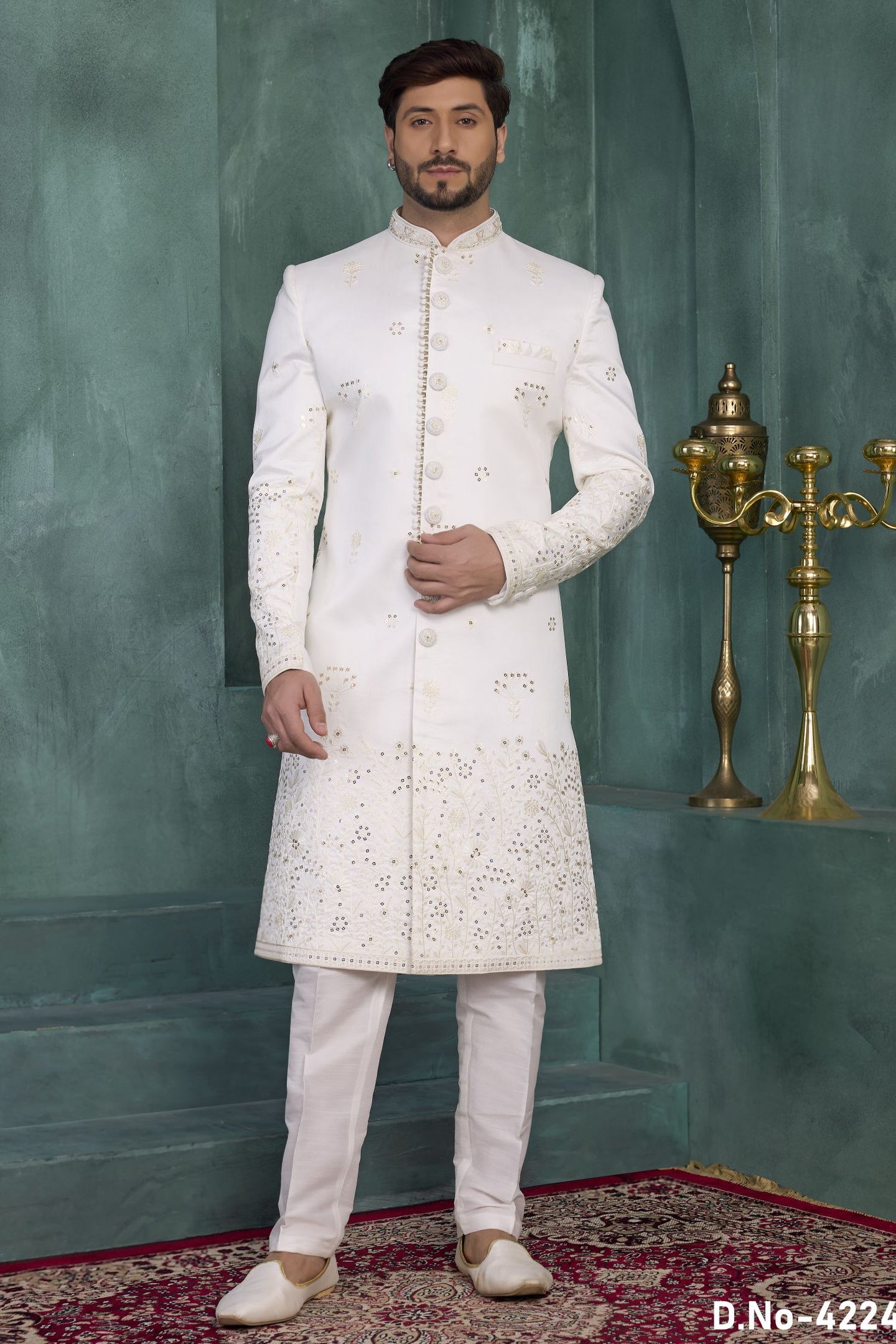 White Art Silk Thread Embroidery Sherwani Kurta for Men Marriage & Pajama