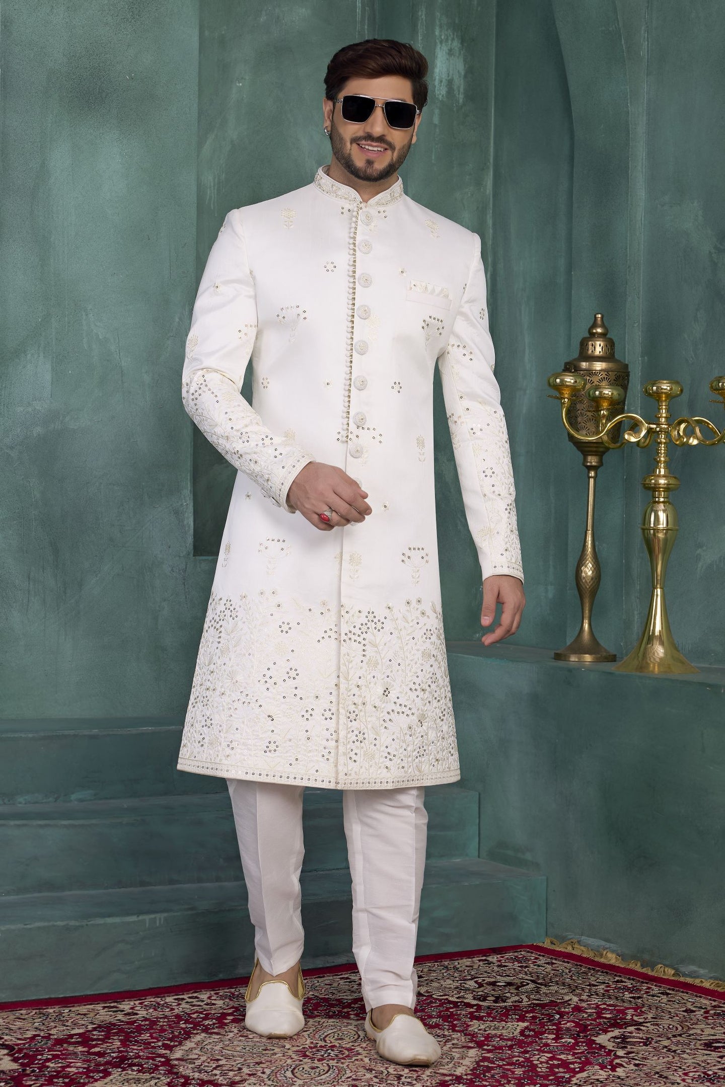 White Art Silk Thread Embroidery Sherwani Kurta for Men Marriage & Pajama