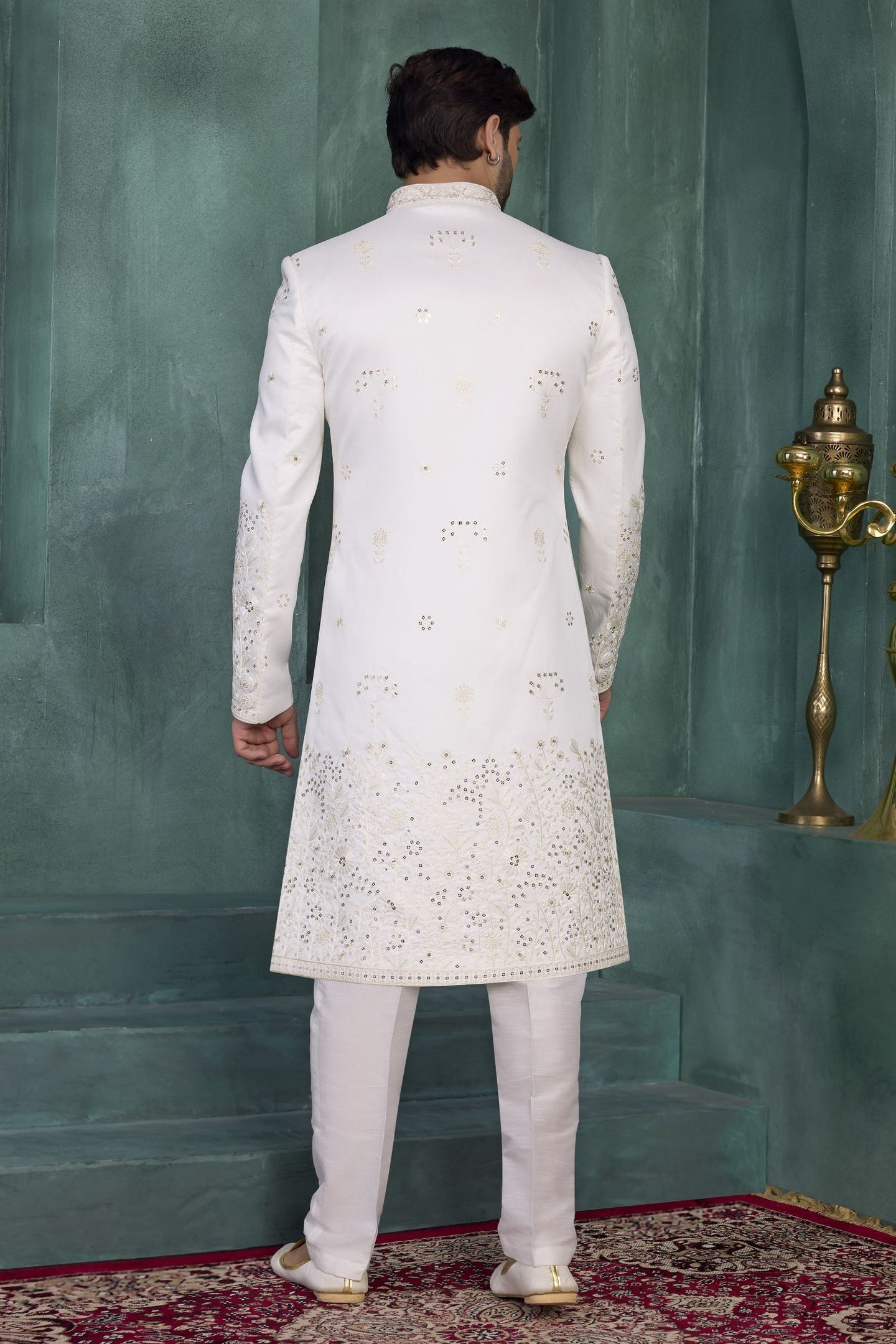 White Art Silk Thread Embroidery Sherwani Kurta for Men Marriage & Pajama