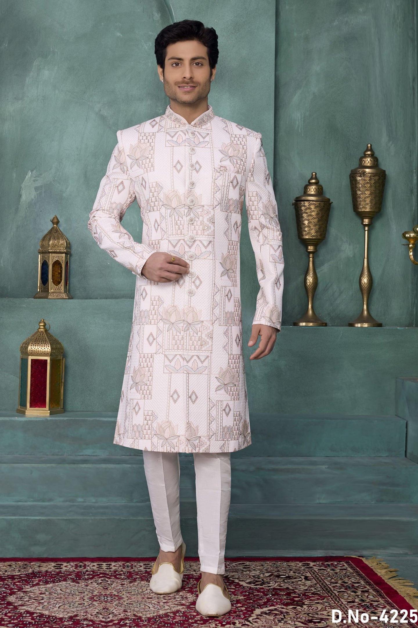 White Art Silk Wedding Kurta for Men & Pajama Sherwani with Thread Embroidery