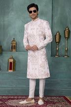 White Art Silk Wedding Kurta for Men & Pajama Sherwani with Thread Embroidery