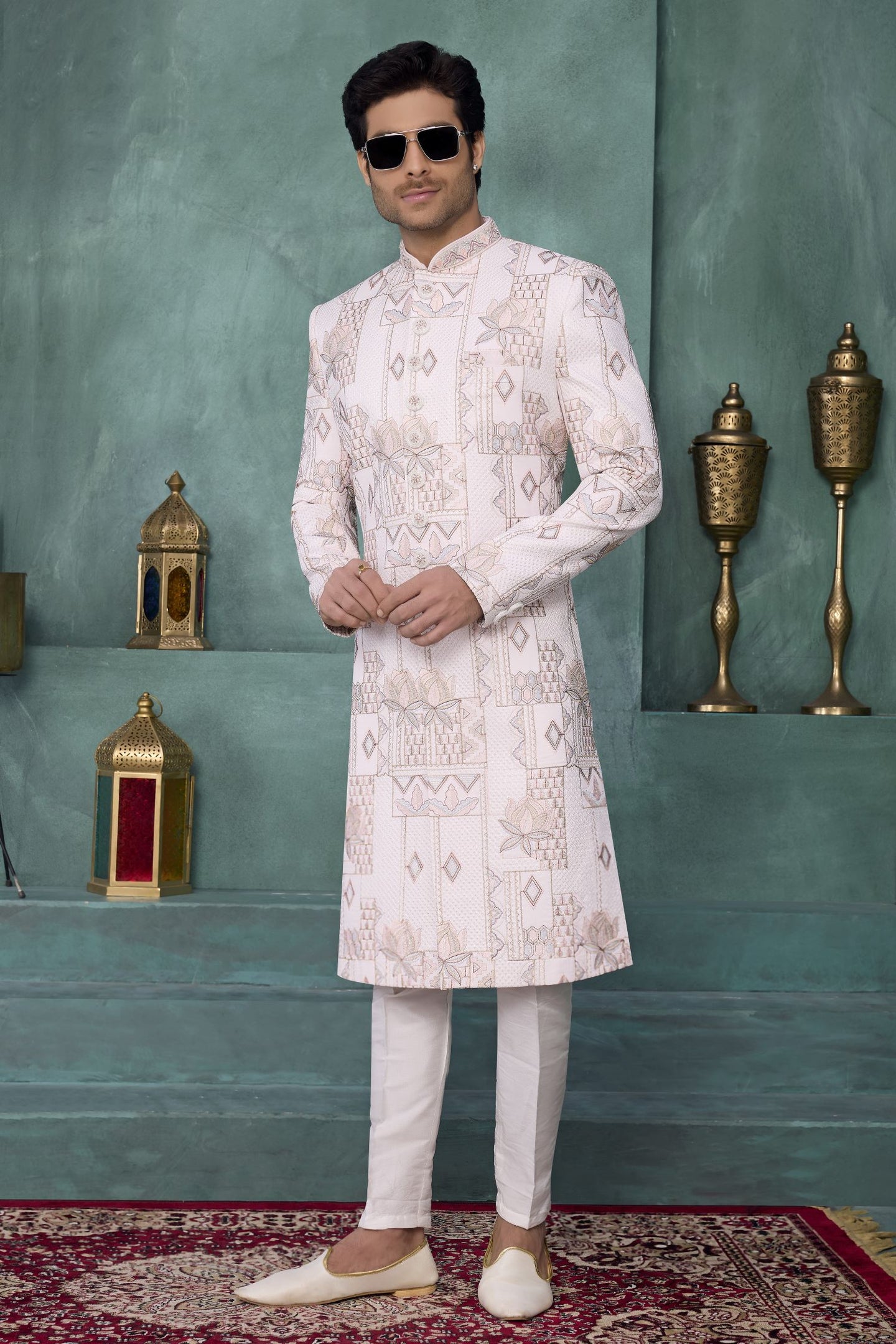 White Art Silk Wedding Kurta for Men & Pajama Sherwani with Thread Embroidery