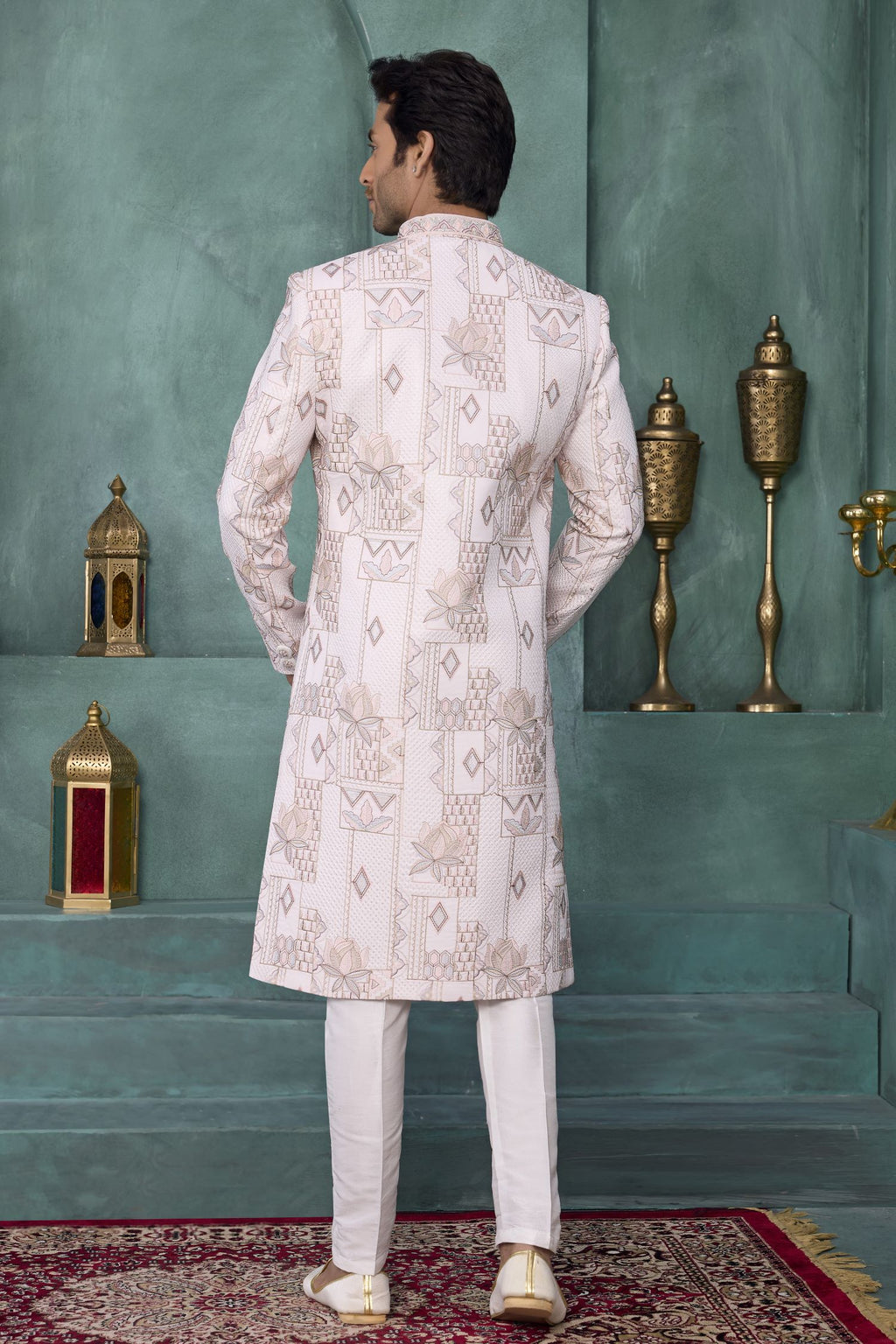 White Art Silk Wedding Kurta for Men & Pajama Sherwani with Thread Embroidery