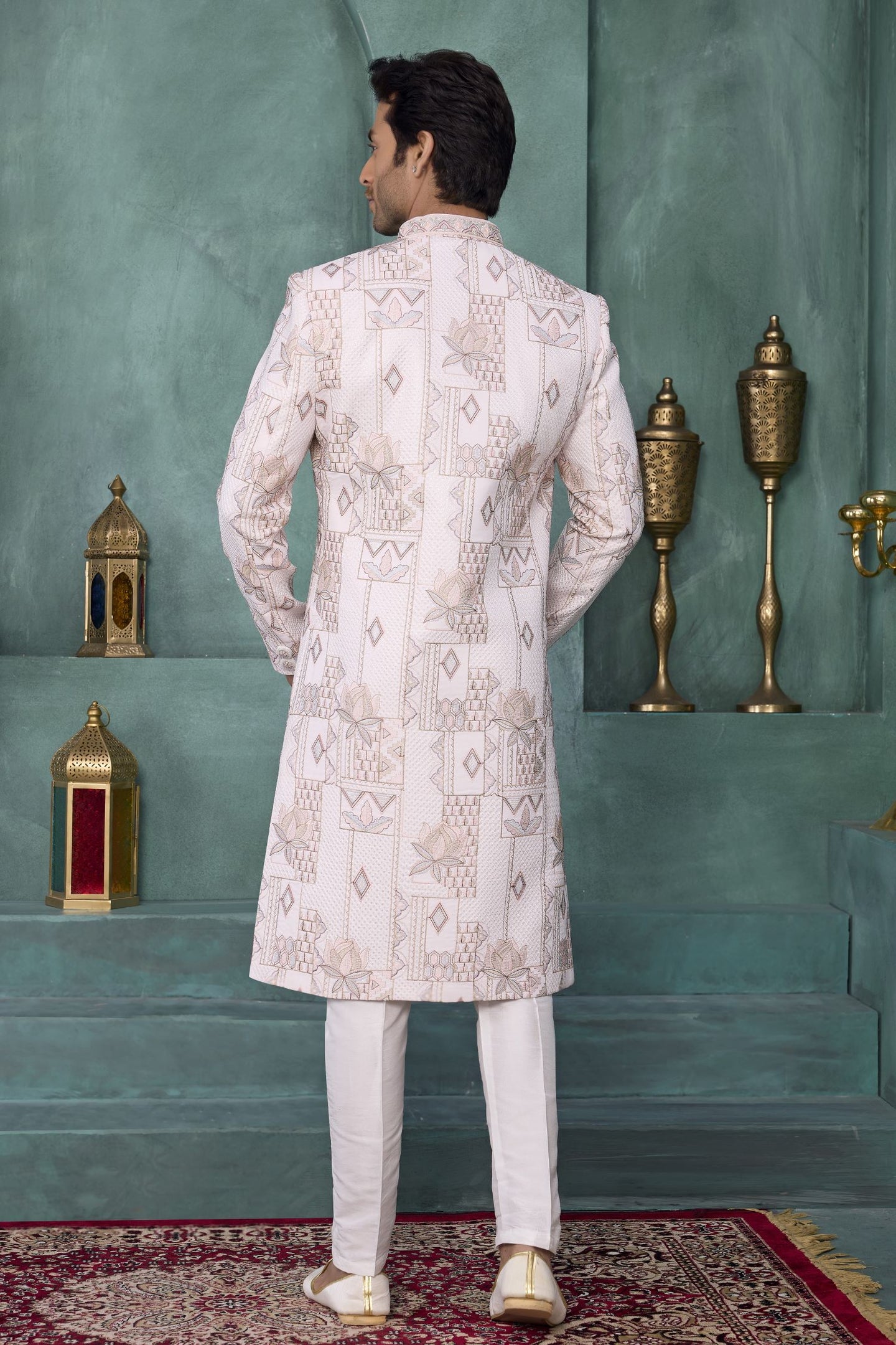 White Art Silk Wedding Kurta for Men & Pajama Sherwani with Thread Embroidery