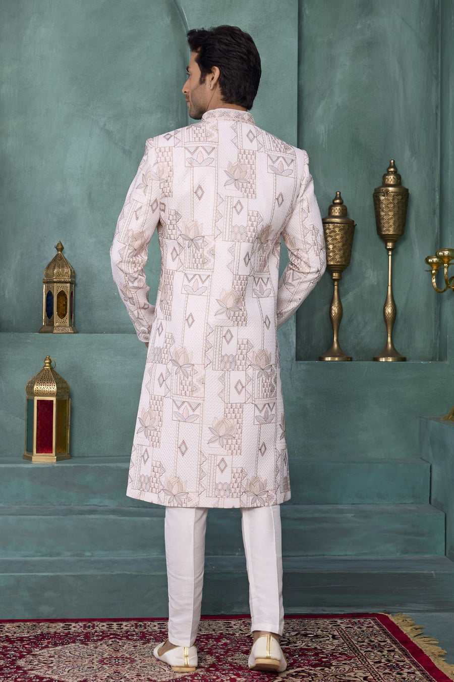 White Art Silk Wedding Kurta for Men & Pajama Sherwani with Thread Embroidery