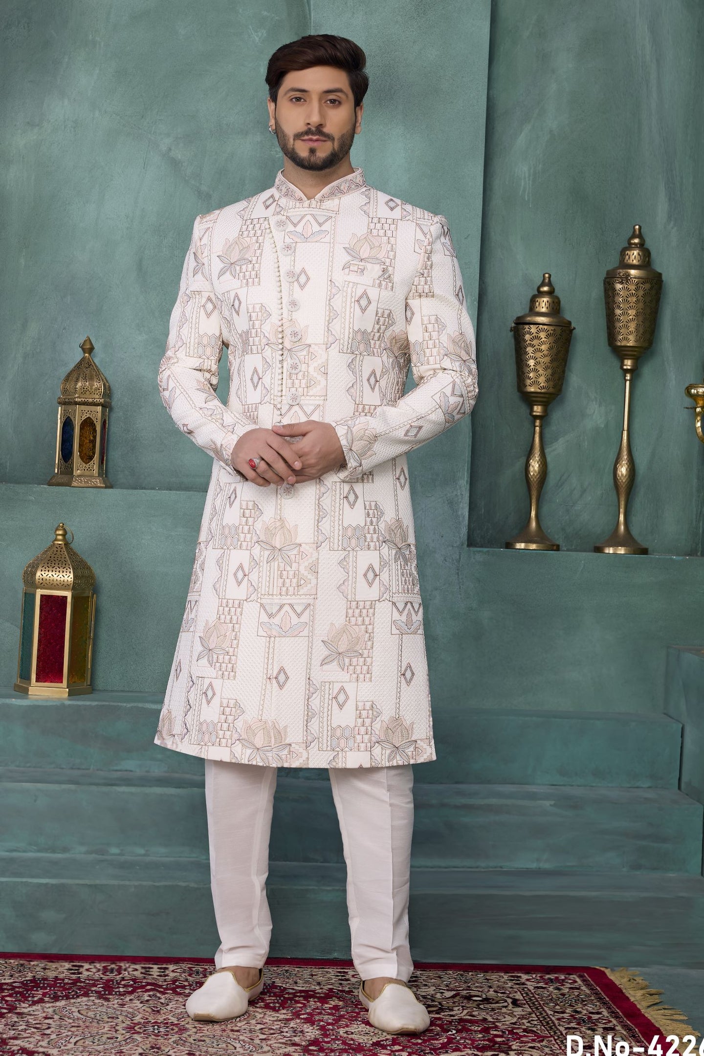 White Art Silk Thread Embroidery Sherwani Men's Kurta Pyjama