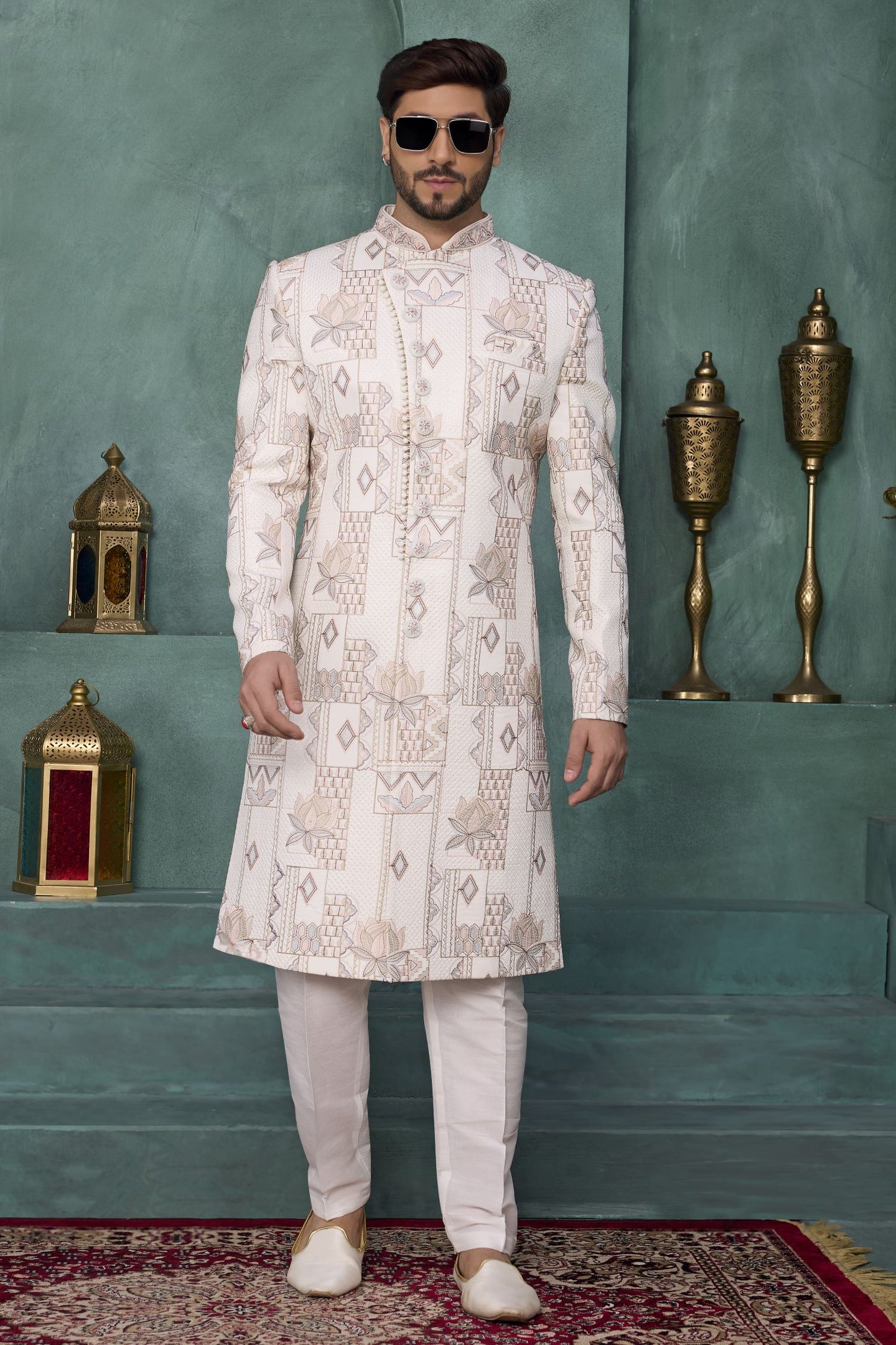 White Art Silk Thread Embroidery Sherwani Men's Kurta Pyjama