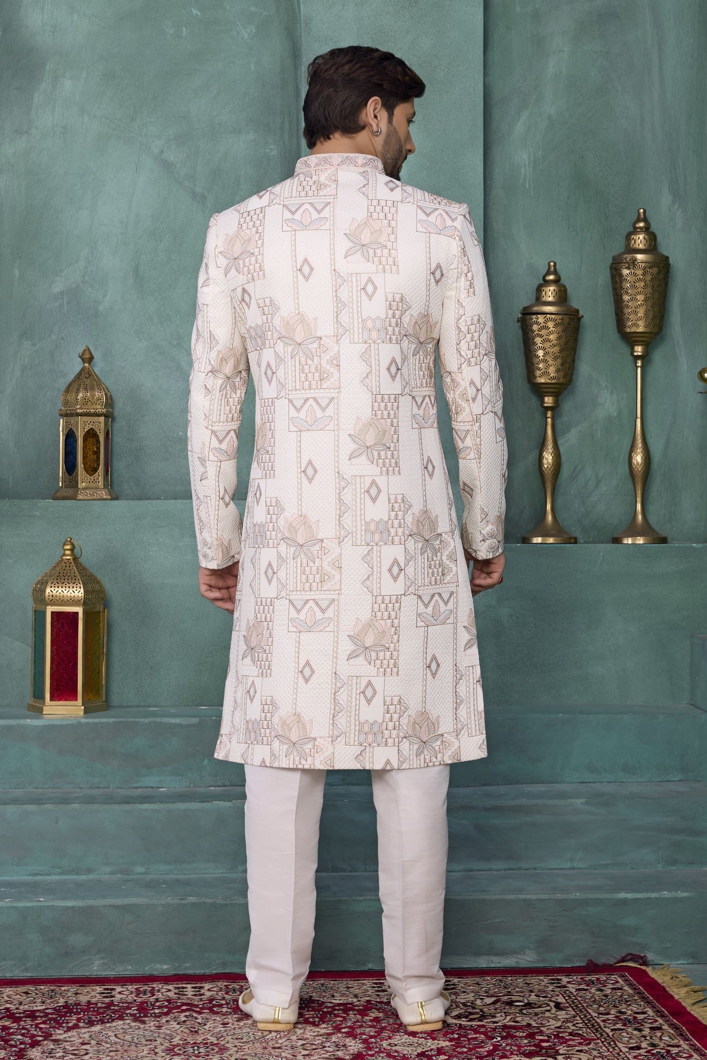 White Art Silk Thread Embroidery Sherwani Men's Kurta Pyjama