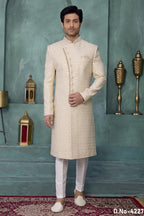 Cream Art Silk Sherwani Mens Wear Kurta Pajama with Thread Embroidery Work