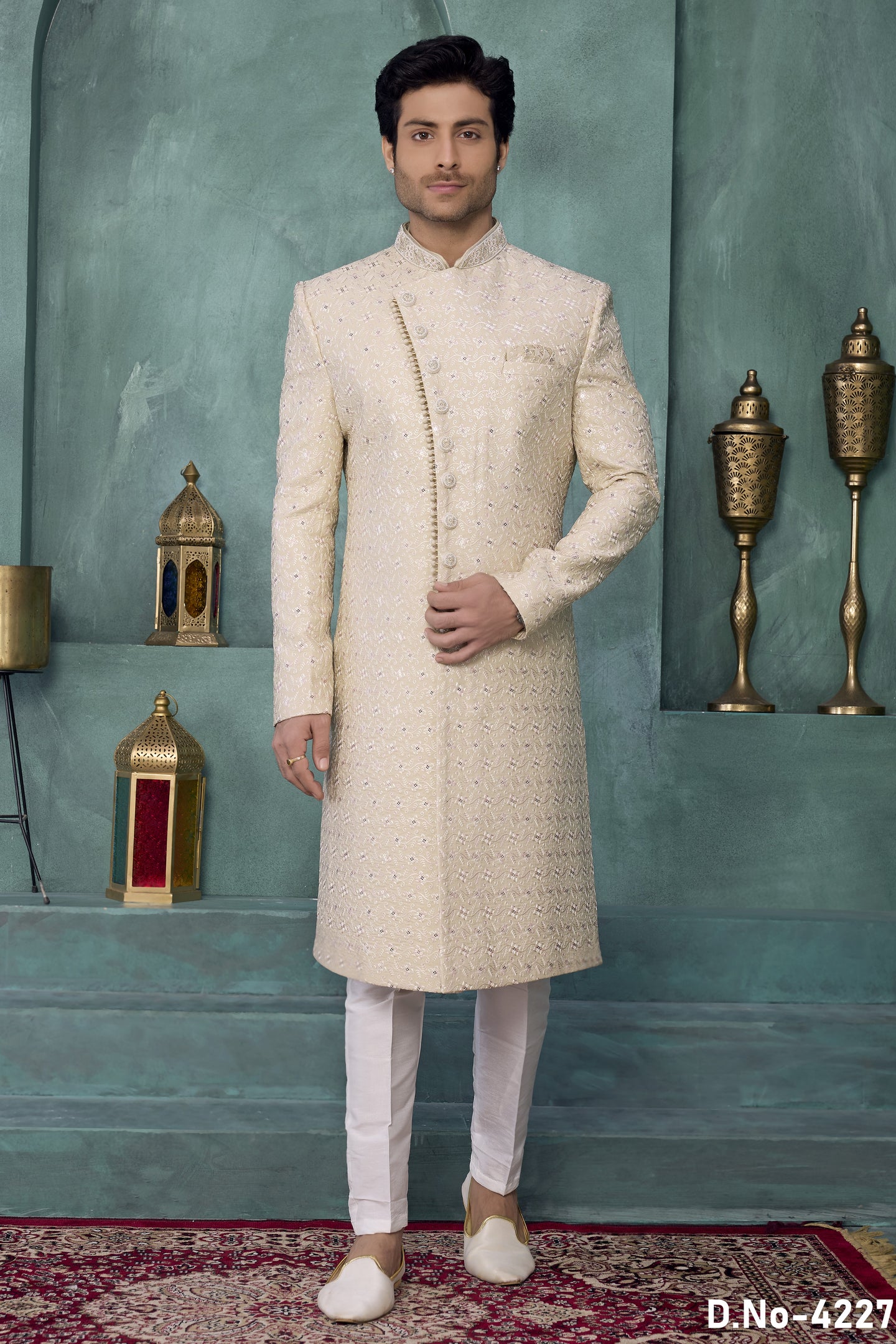 Cream Art Silk Sherwani Mens Wear Kurta Pajama with Thread Embroidery Work