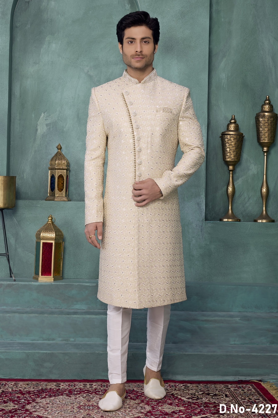 Cream Art Silk Sherwani Mens Wear Kurta Pajama with Thread Embroidery Work