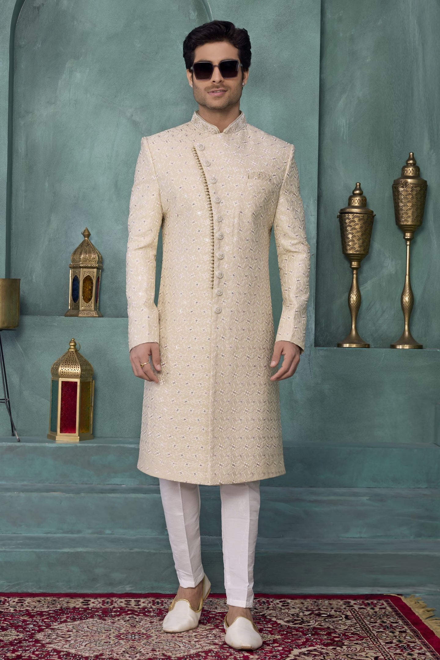 Cream Art Silk Sherwani Mens Wear Kurta Pajama with Thread Embroidery Work