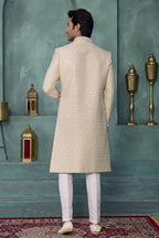 Cream Art Silk Sherwani Mens Wear Kurta Pajama with Thread Embroidery Work
