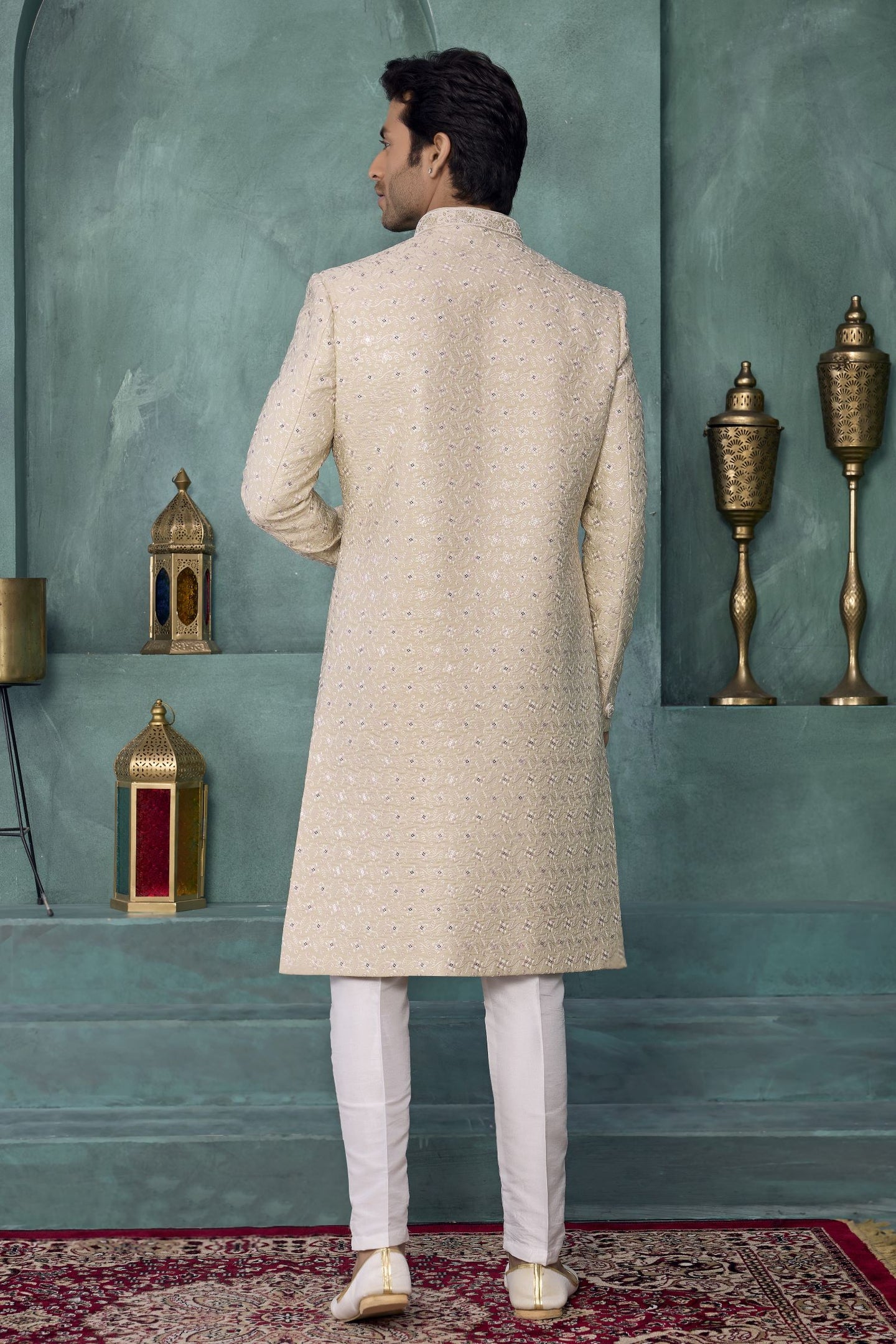 Cream Art Silk Sherwani Mens Wear Kurta Pajama with Thread Embroidery Work