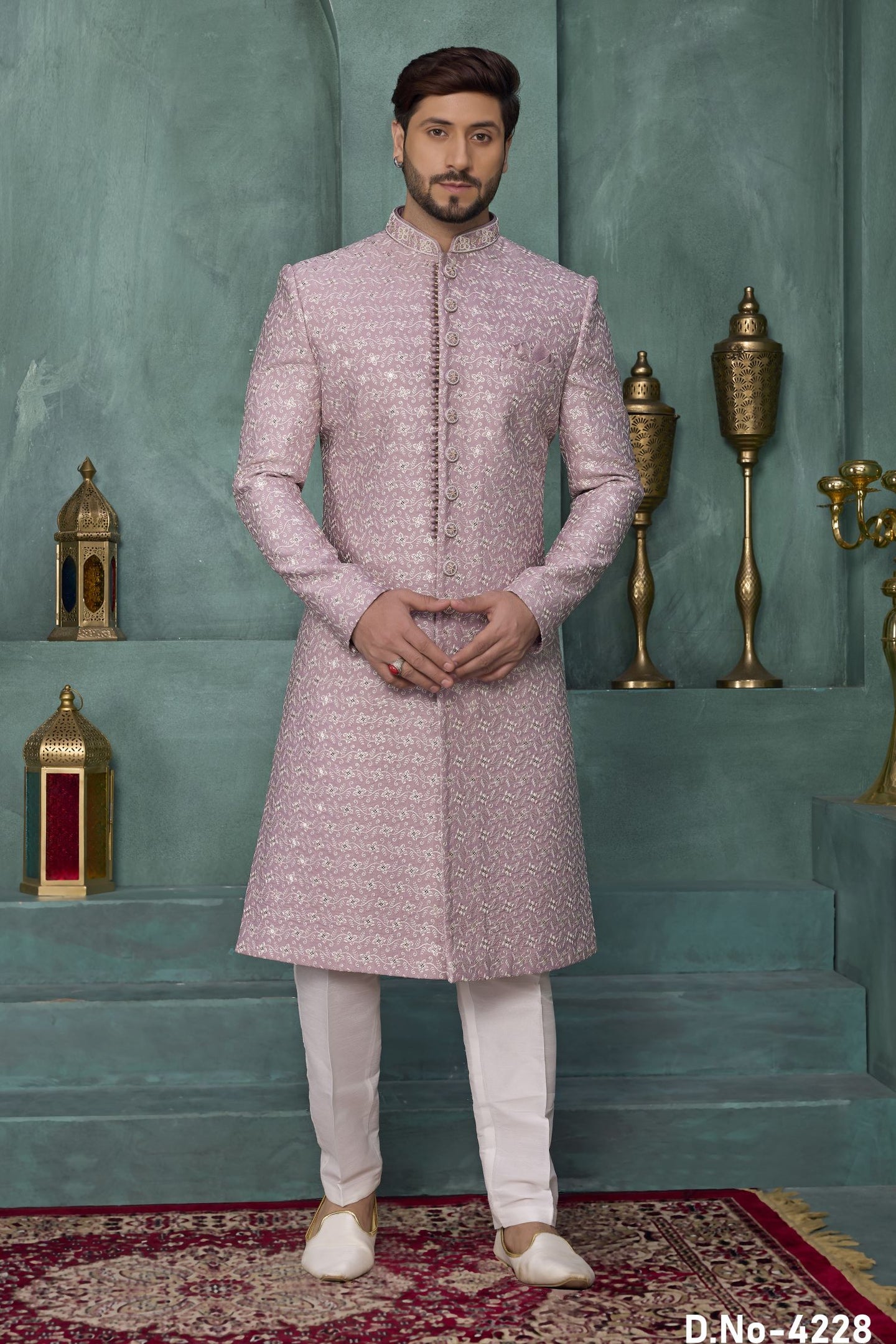 Dark Pink Art Silk Sherwani Kurta and Pajama for Mens with Thread Embroidery