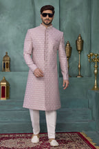 Dark Pink Art Silk Sherwani Kurta and Pajama for Mens with Thread Embroidery