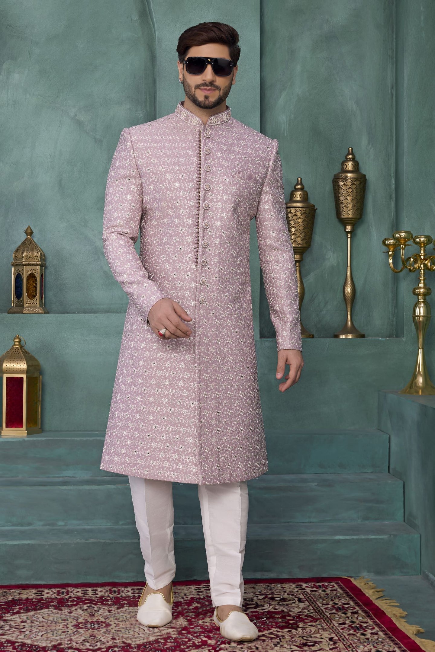 Dark Pink Art Silk Sherwani Kurta and Pajama for Mens with Thread Embroidery