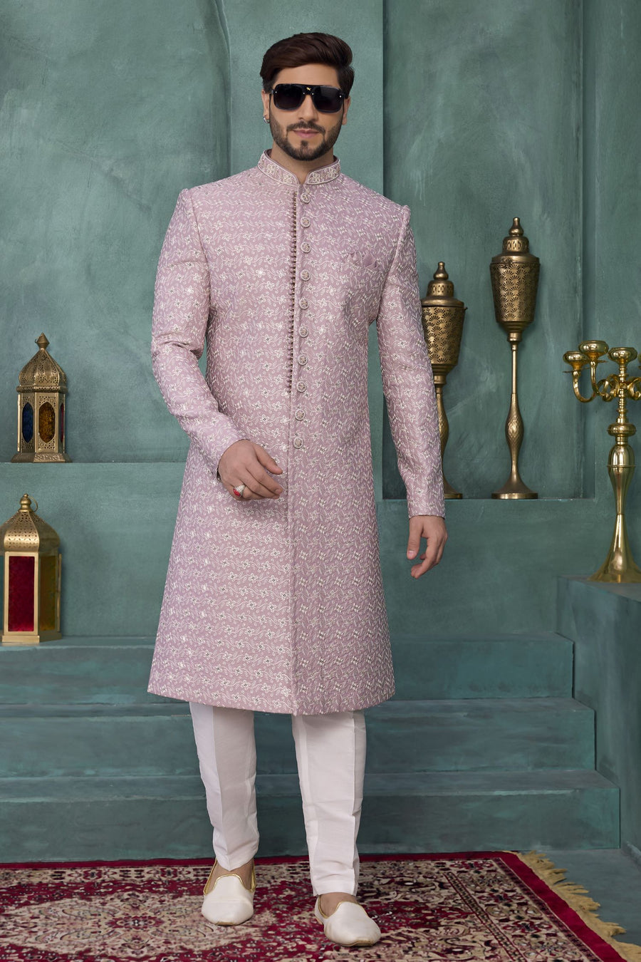 Dark Pink Art Silk Sherwani Kurta and Pajama for Mens with Thread Embroidery