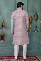 Dark Pink Art Silk Sherwani Kurta and Pajama for Mens with Thread Embroidery